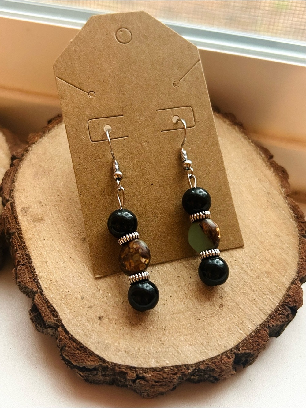 Handmade Earth Tone Beaded Dangle Earrings Boho Woodland Rustic Jewelry